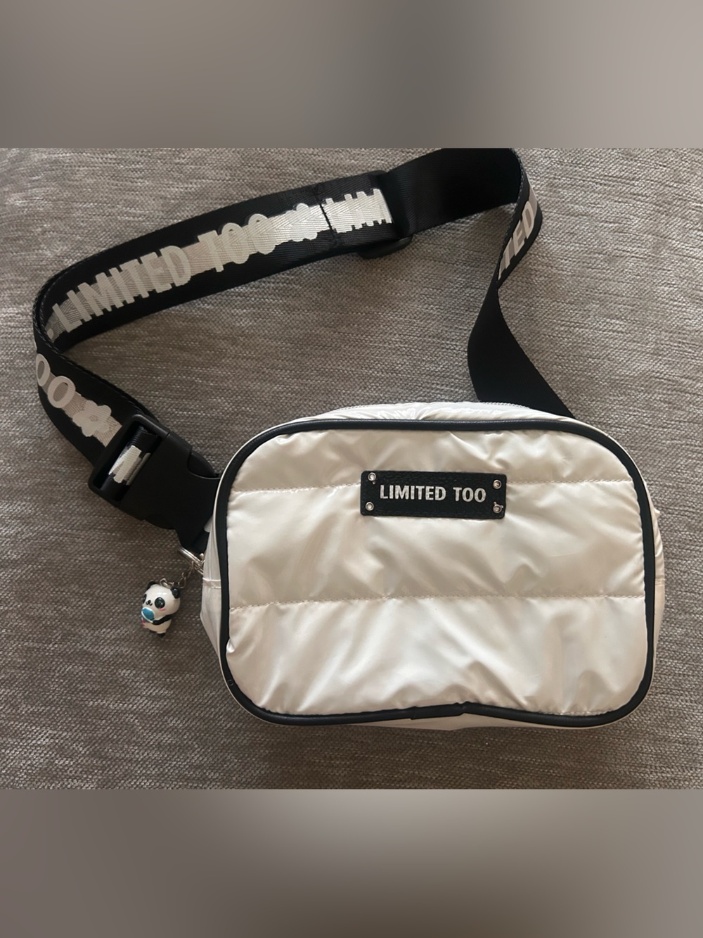 Limited Too White Quilted Sling Belt Bag with Black Trim